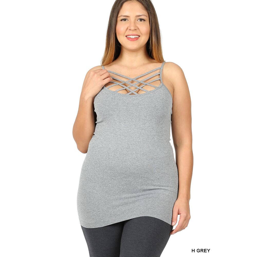 1X/2X Heather Grey Triple Criss-Cross Cami Zenana seamless plus sized camisole